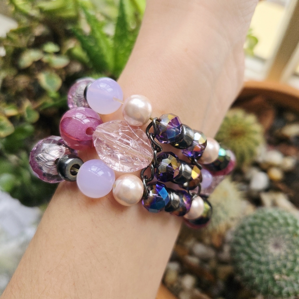 Vintage Purple & Pink Oversized Boho Bohemian Bead Layer Beaded Stretch Bracelet - Picture 8 of 11